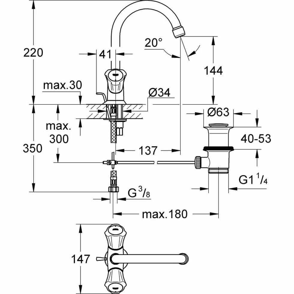 GROHE Bateria umywalkowa jednootworowa Costa DN 15, z zestawem odpływowym, chrom 21375001