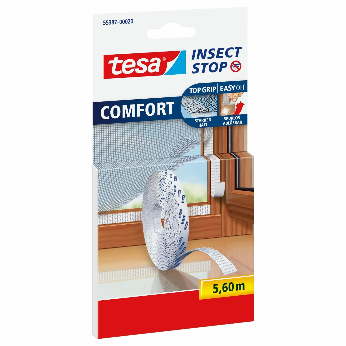 tesa® Comfort Rzep samoprzylepny do moskitier Comfort – taśma rzepowa do mocowania siatek okiennych przeciwko owadom – wymiary: 5,60 m x 9 mm, biała