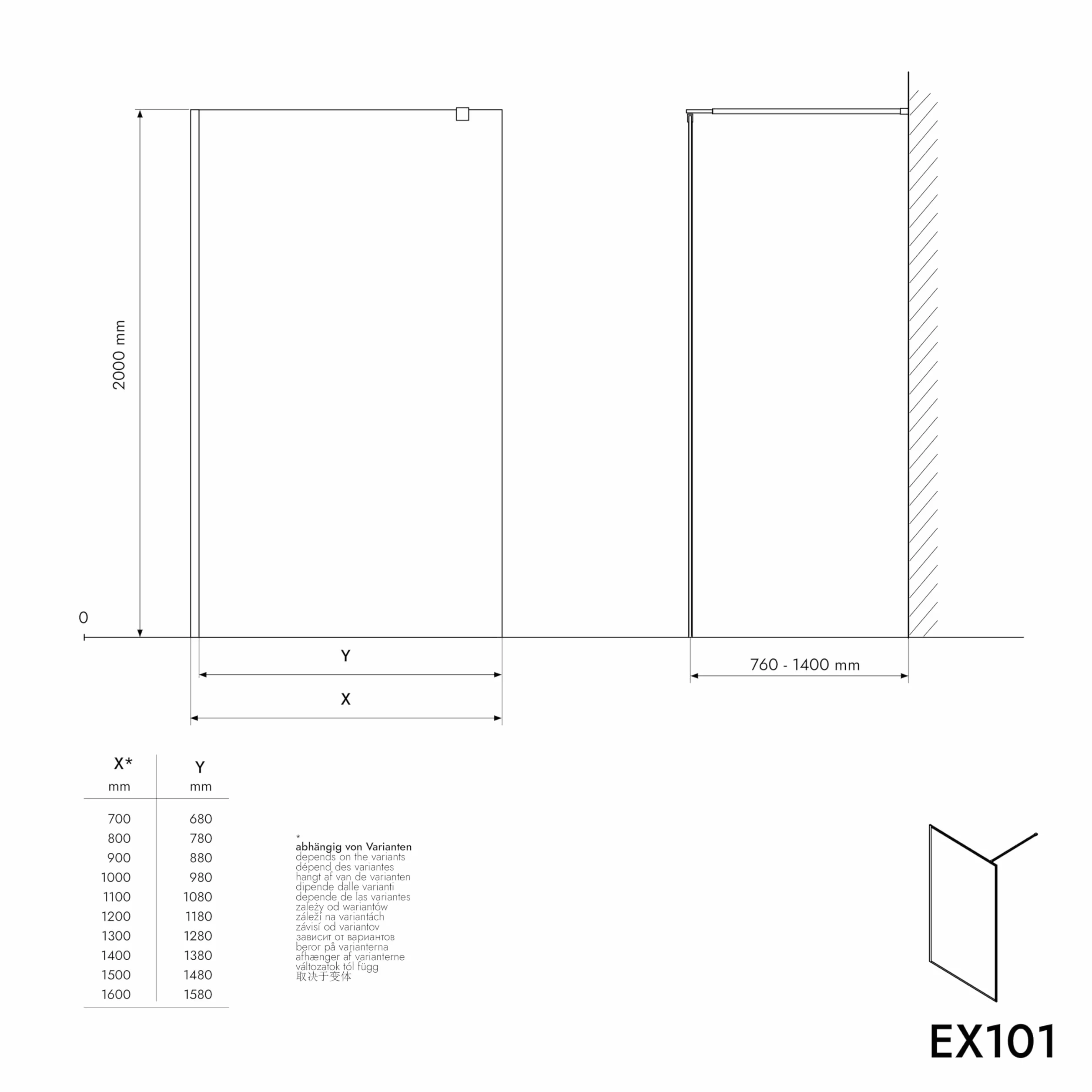 BERNSTEIN Ściana prysznicowa® Szklana kabina prysznicowa Walk-In Szkło ESG Echtglas EX101 Wzór szkła mlecznego Wave 140 x 200 cm