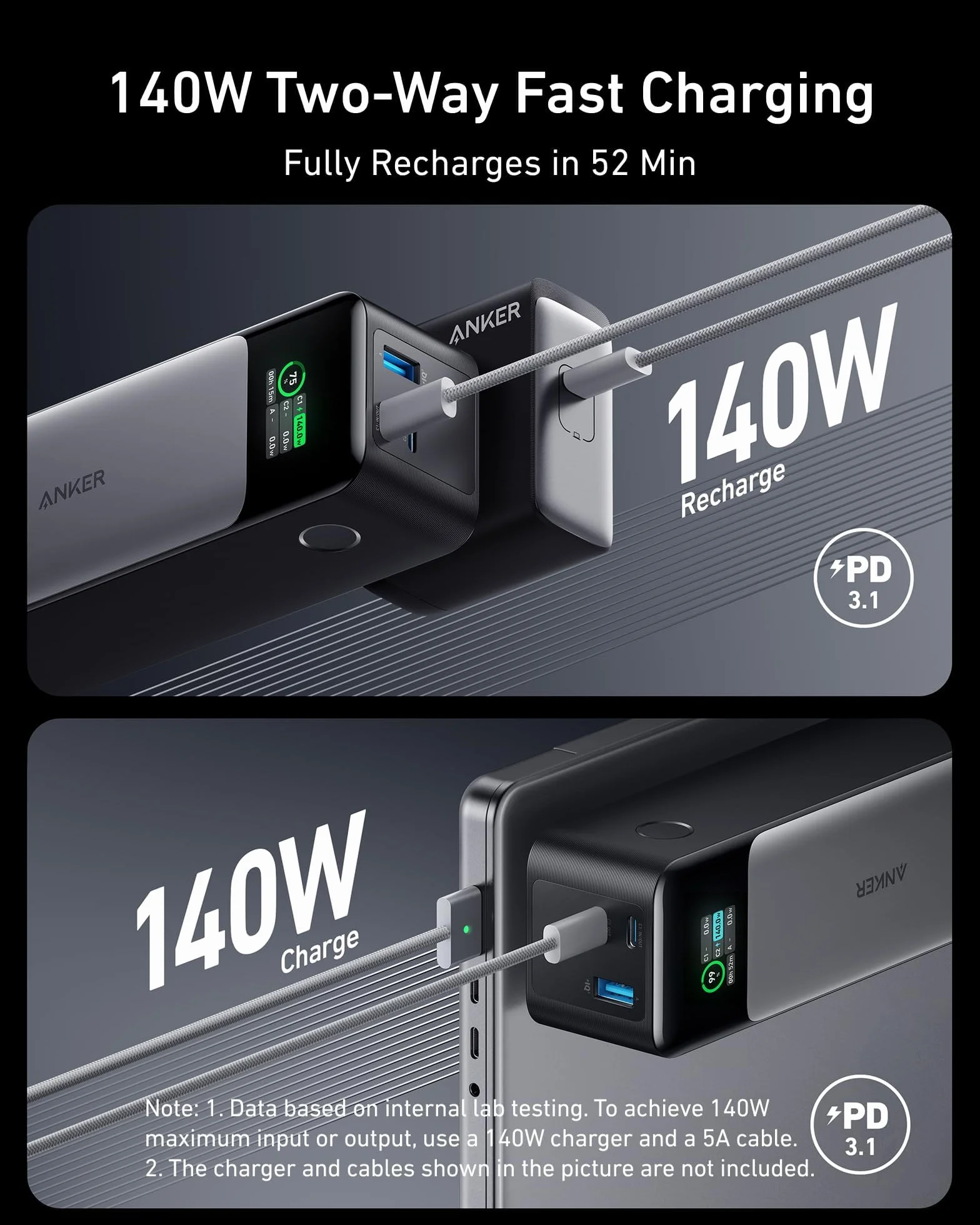 Anker PowerCore 737 Powerbank 24 000 mAh, zewnętrzna bateria z 3 portami, moc 140 W, wyświetlacz cyfrowy, kompatybilny z iPhone 13 serii Samsung, MacBook, Dell, AirPods i innymi