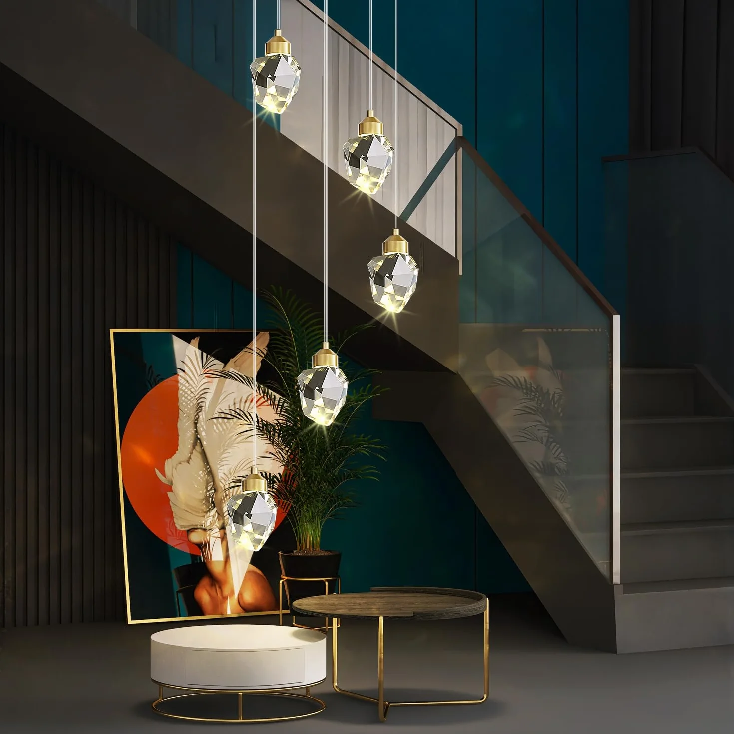 Nowoczesna kryształowa lampa wisząca, 3 kolory LED kryształowa lampa wisząca, regulowana wysokość, złota sufitowa lampa wisząca do wyspy kuchennej, sypialni, jadalni (Złoty, 5-palnikowy)