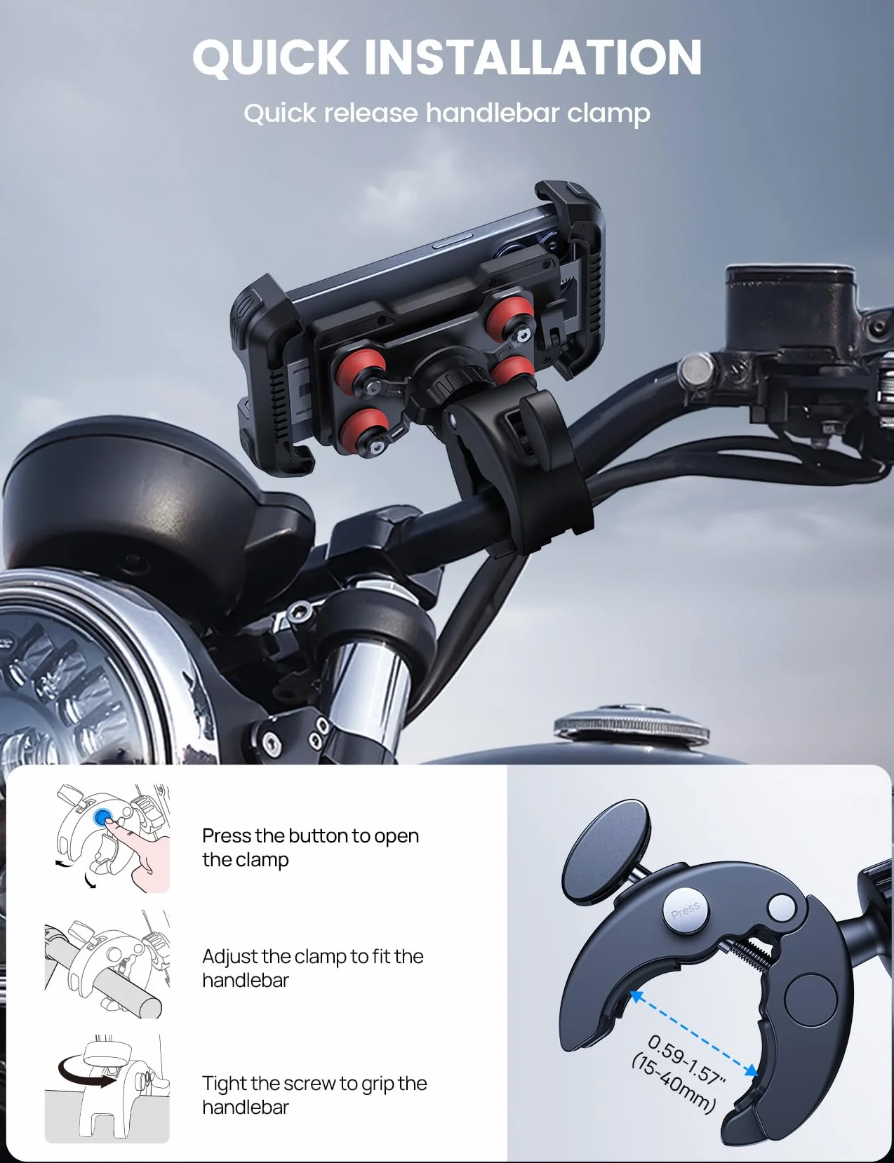 Lamicall Uchwyt na telefon do motocykla z podwójną antywstrząsową dla iPhone 16 15 14 13 12 Pro Max Plus Mini Samsung 4,7-6,7" Czerwony
