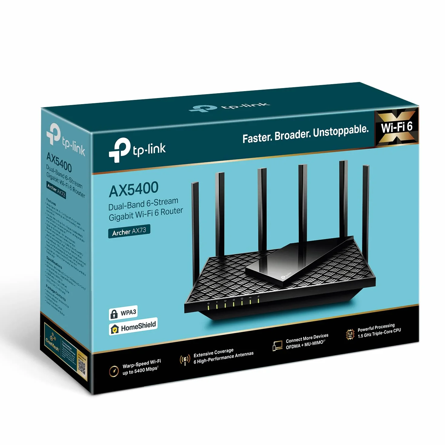 TP-Link Archer AX73 Router WiFi 6 – AX5400 Dwuzakresowy (5 GHz 4804 Mb/s + 2.4 GHz 574 Mb/s), MU-MIMO, OFDMA, 6 Anten, HomeShield, USB 3.0, Porty Gigabitowe