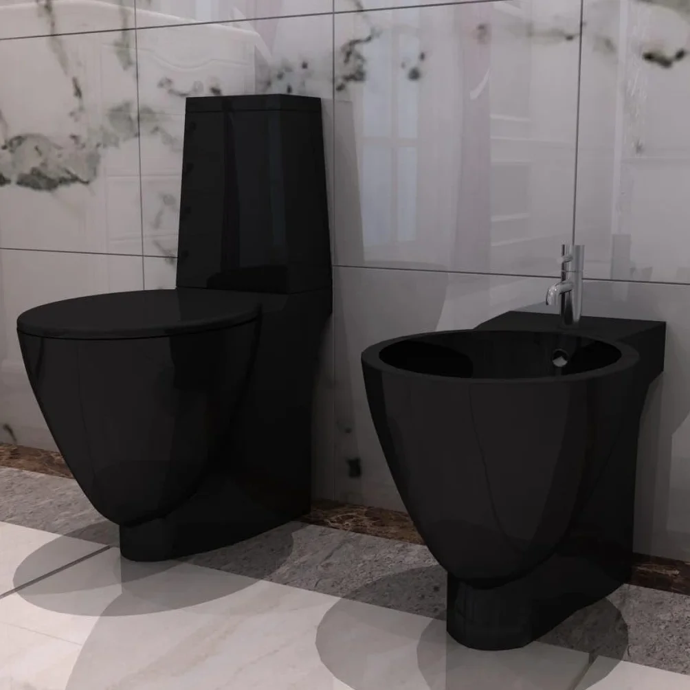 Ceramiczny zestaw bidetów do WC w kolorze czarnym, wolnoopadający, podwójne spłukiwanie 3/6 l, konstrukcja stojąca bez krawędzi, łatwa w pielęgnacji, idealny do łazienki i WC dla gości