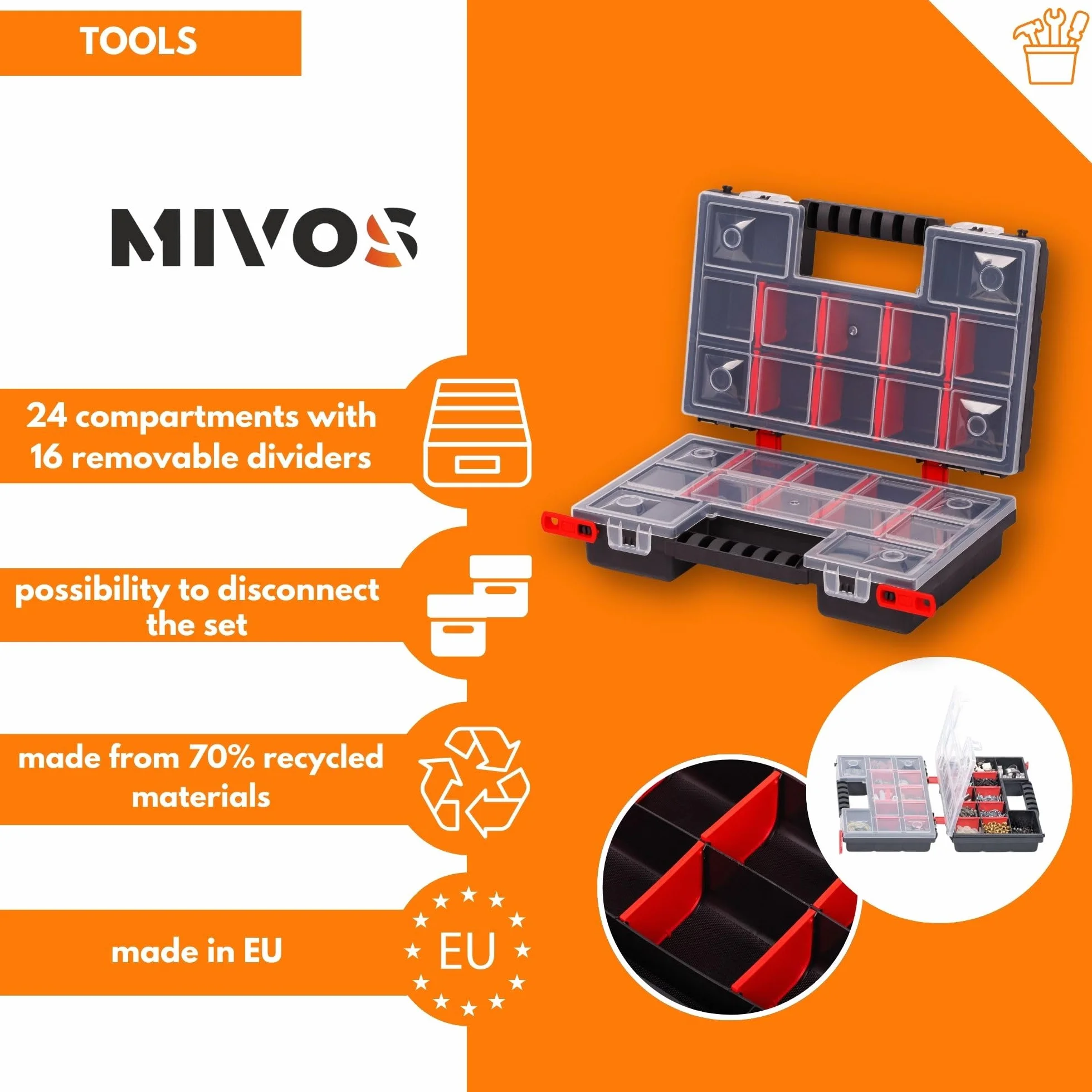 Mivos Dwustronna skrzynka asortymentowa 287x186x100mm - 2-stronna skrzynka do sortowania z 64 regulowanymi przegródkami – pudełko na śruby – Organizer na akcesoria
