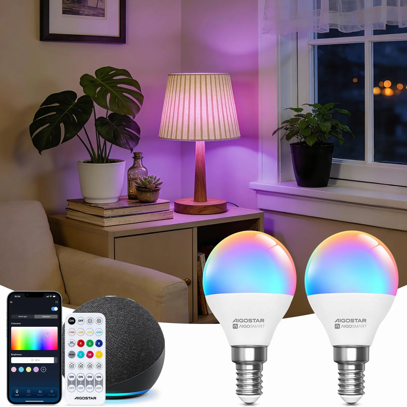 Aigostar - Inteligentna żarówka G45 Mesh Bluetooth. 2700–6500K, ściemnialna RGB. Gwint E14, 6,5 W, 555 lm. Inteligentna żarówka LED kompatybilna z Alexą. W zestawie pilot. 2 sztuki