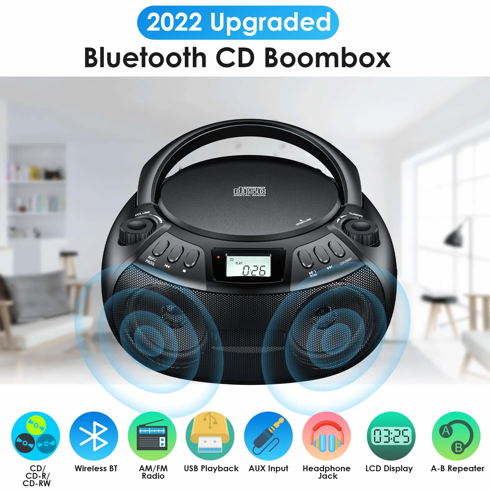Gueray Przenośny odtwarzacz CD Boombox z Bluetooth, radio FM AM radio, głośnik stereo, wejście USB i AUX oraz porty słuchawkowe, wyświetlacz LCD 2 x 3 W RMS stereo