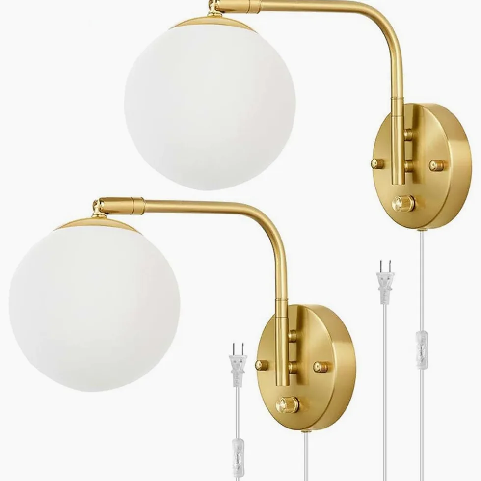 Szklana lampa ścienna LED Ściemnialna z przełącznikiem Lampa ścienna Złota, regulowana metalowa lampka nocna w środku z wtyczką i kablem Lampa ścienna do czytania w stylu vintage w stylu industrialnym
