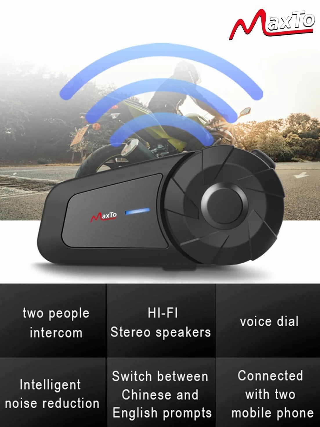 Maxto Motocyklowy zestaw słuchawkowy Bluetooth,MX1 2 Riders, uniwersalne systemy komunikacji interkomowej,dźwięk stereo HiFi, wodoodporność IPX6,sterowanie muzyką, kask motocyklowy głośnik