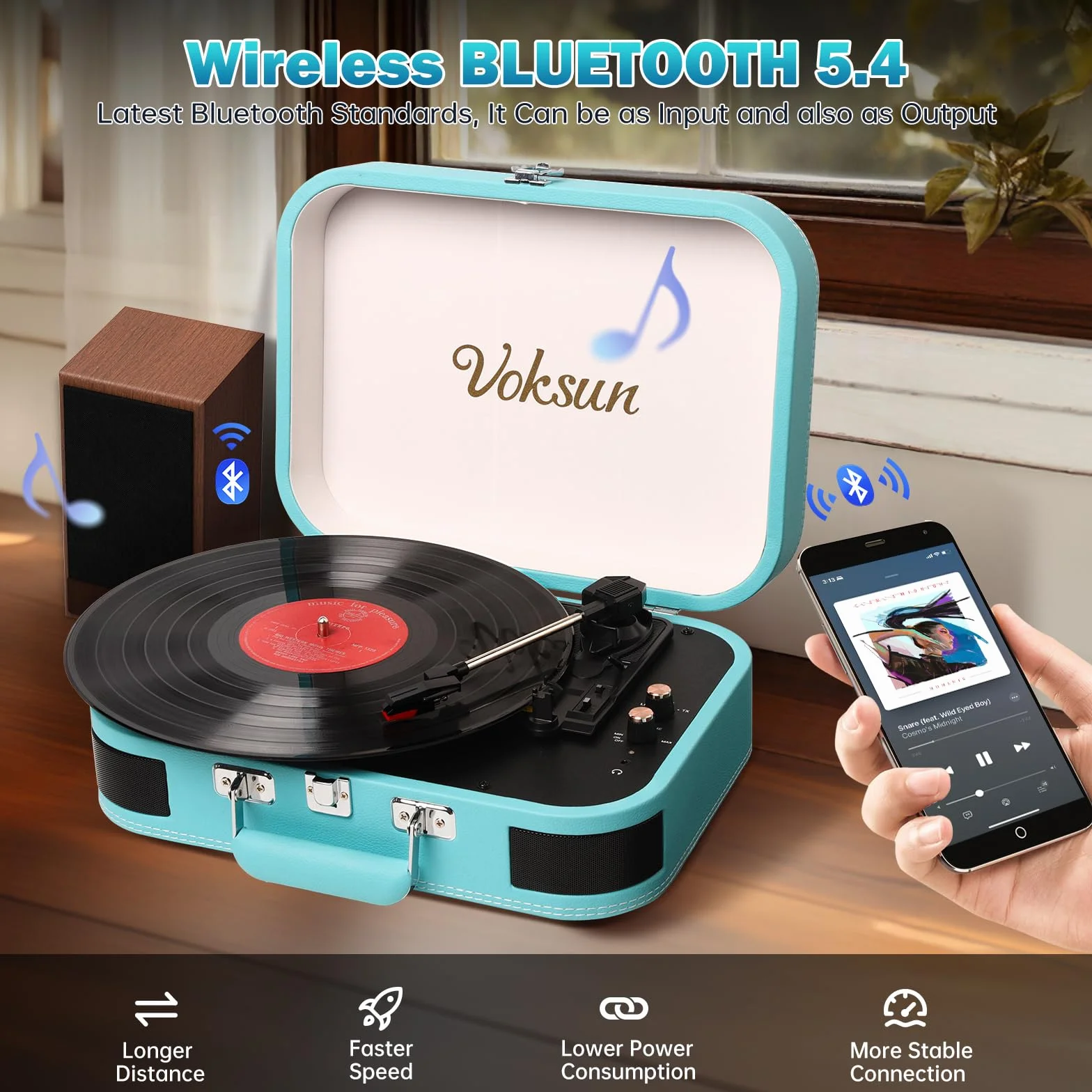 VOKSUN Przenośny Gramofon Vintage Bluetooth 3 Prędkości USB AUX RCA Niebieski