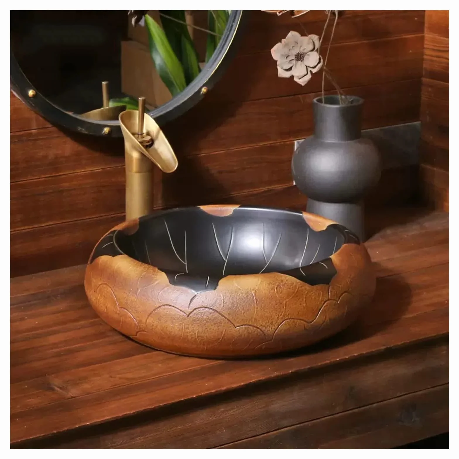 Okrągła Porcelanowa Umywalka Nablatowa, Brązowo-Czarna Umywalka Łazienkowa Z Artystycznym Wzorem Liści Lotosu, Ceramiczna Umywalka Nablatowa Z Baterią I Odpływem