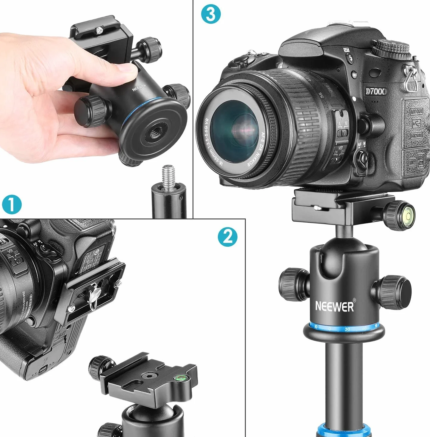 Neewer Głowica kulowa statywu 36 mm 360° panoramiczna metalowa płytka szybkozłączka Arca 1/4" gwint 3/8" do 8 kg