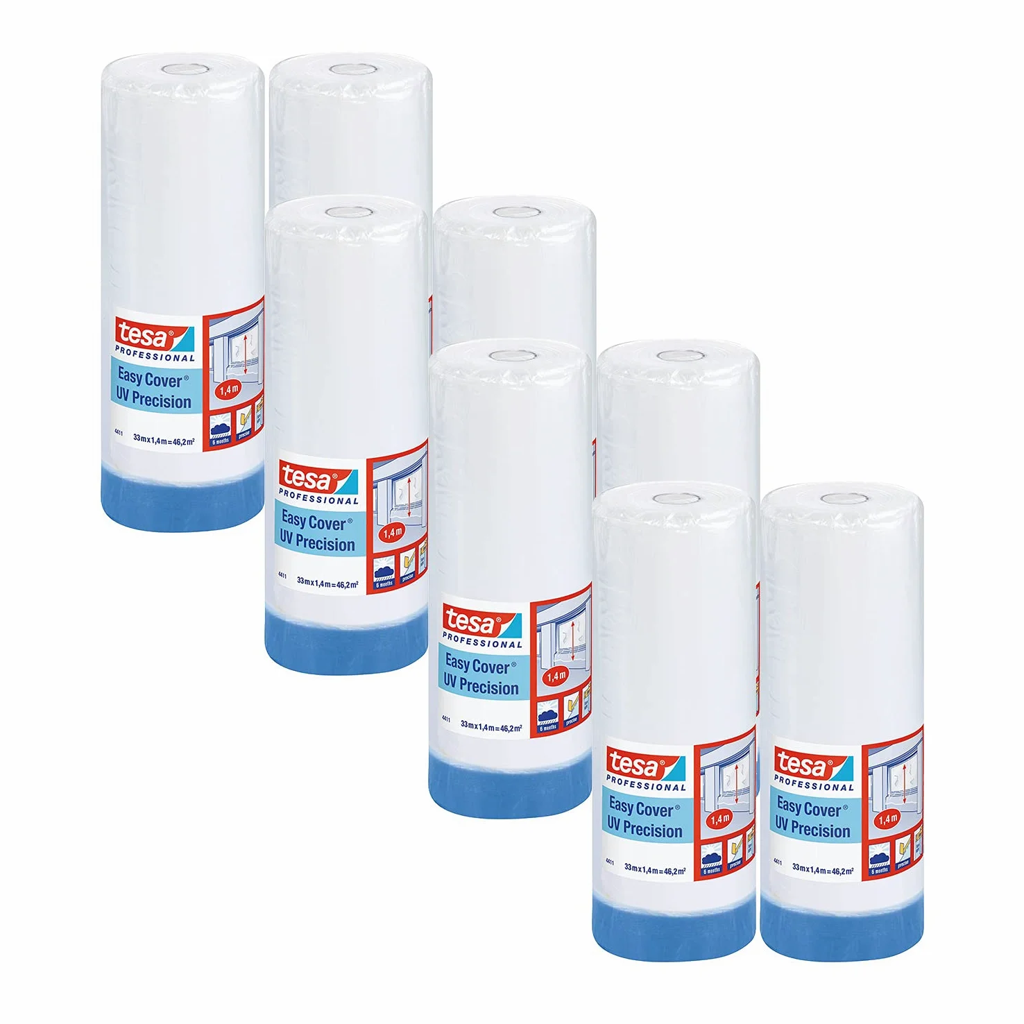 tesa Easy Cover 4411 UV precyzyjna - opakowanie 8 szt. - folia malarska z taśmą malarską do oklejania i przykrywania - taśma malarska 2 w 1 z folią - biało-przezroczysta - po 33 m x 1,4 m