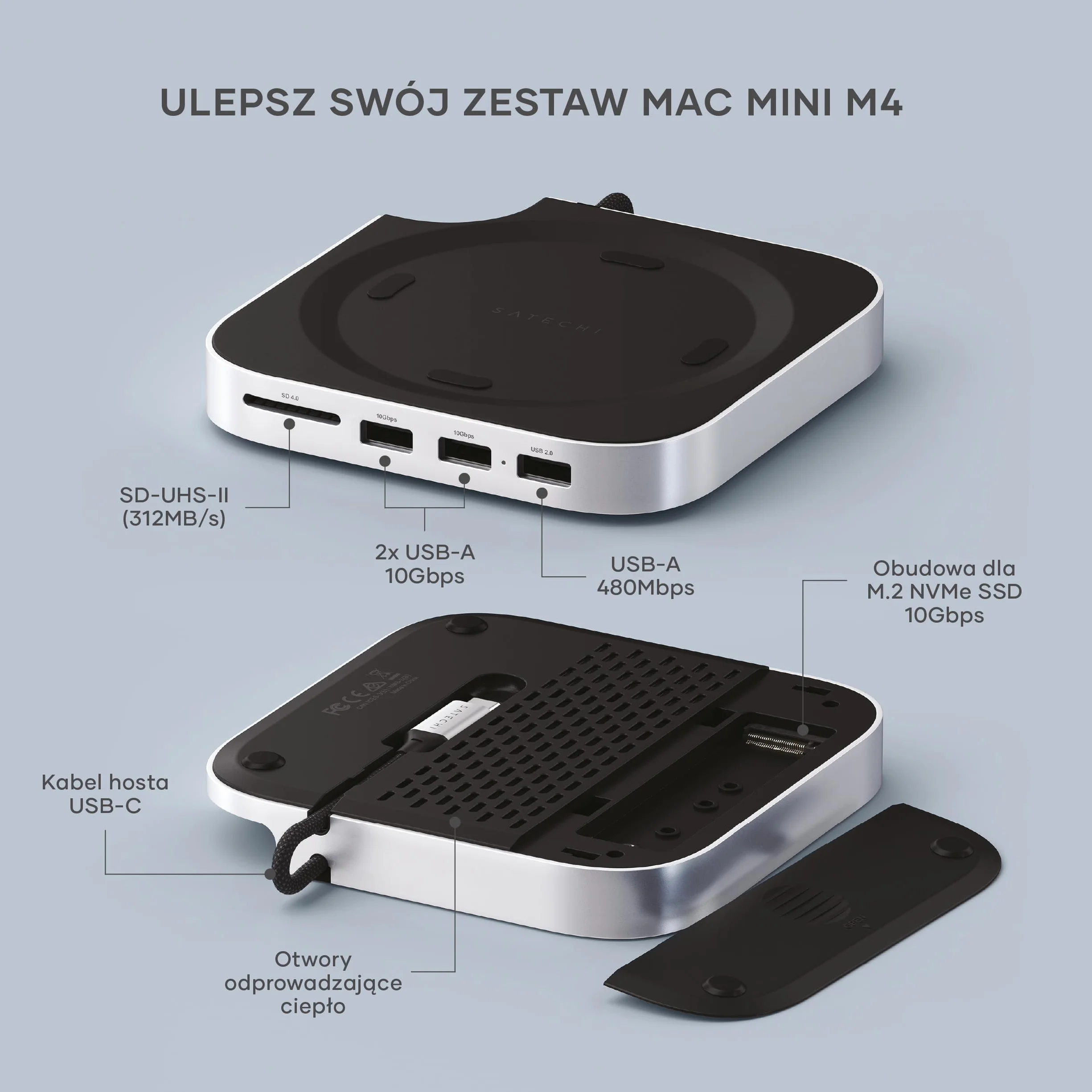 SATECHI Stacja dokująca Mac Mini M4 Hub & Stand z obudową na SSD NVMe, 2x USB-A 10 Gbps, czytnikiem kart SD – Srebrny