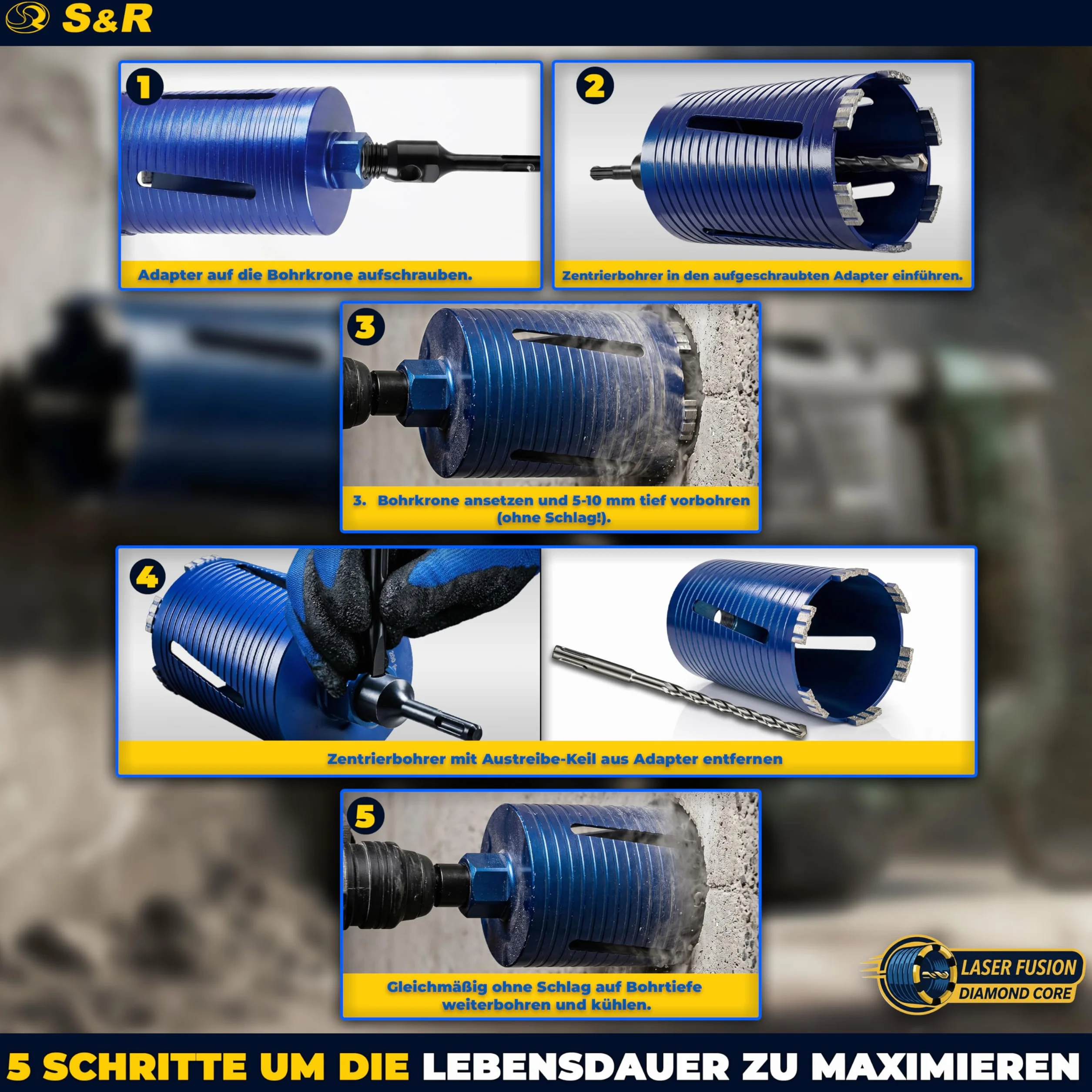 S&R Diamentowa koronka wiertnicza M22-102 mm, długość 200 mm segment 10 mm, wiertło centrujące i adapter SDS-plus, pogłębiacz puszek do betonu, muru, pustaka, betonu komórkowego