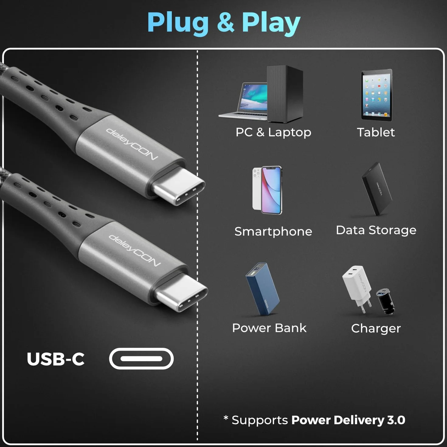 deleyCON 0,5m USB C Kabel PD3.0 100W Szybkie Ładowanie 5 Gbit/s do iPhone iPad MacBook Galaxy