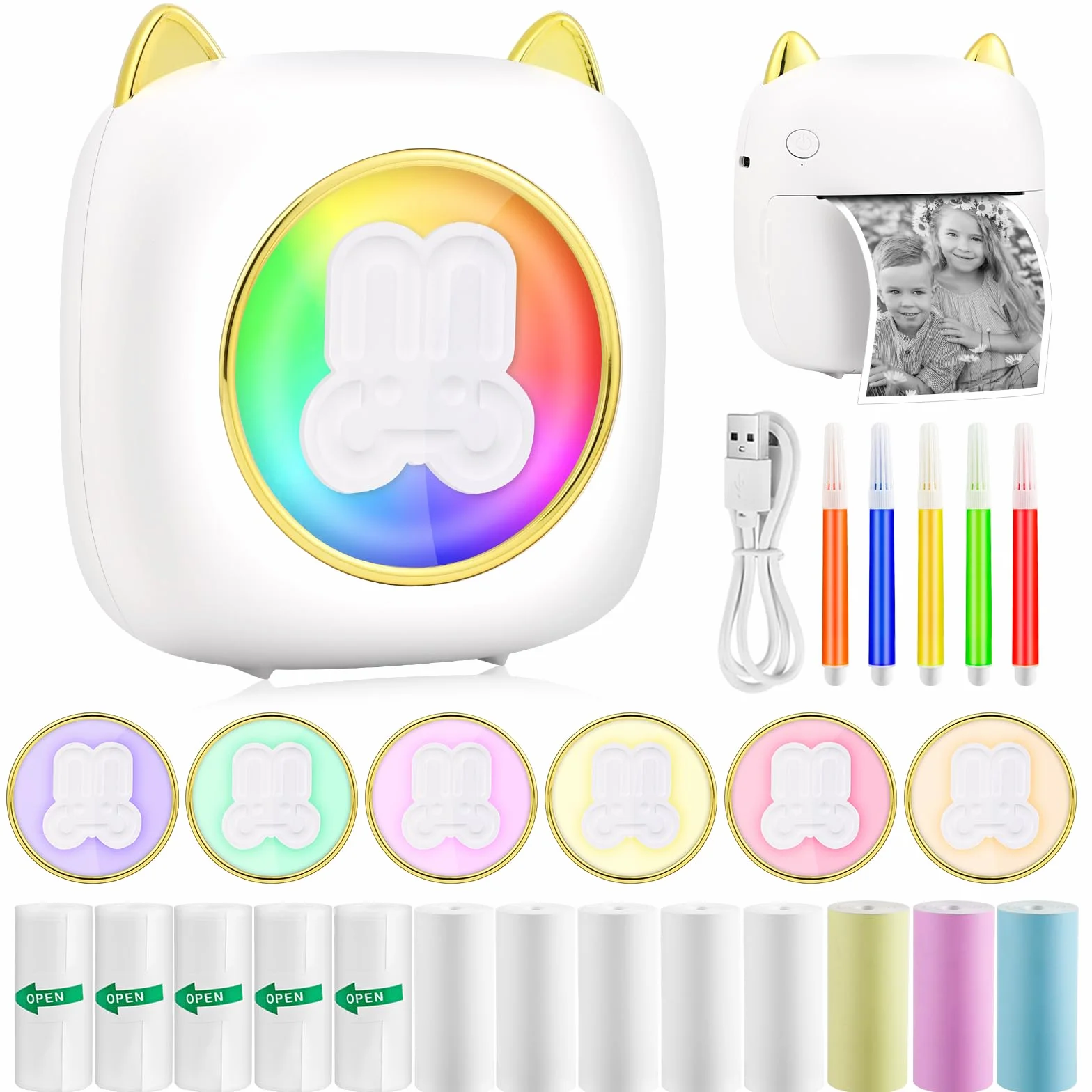 GuKKK Przenośna drukarka fotograficzna, mini bezprzewodowa drukarka fotograficzna, bezprzewodowa drukarka termiczna BT Mobilna drukarka z siedmiokolorową diodą LED, drukarka fotograficzna, lista