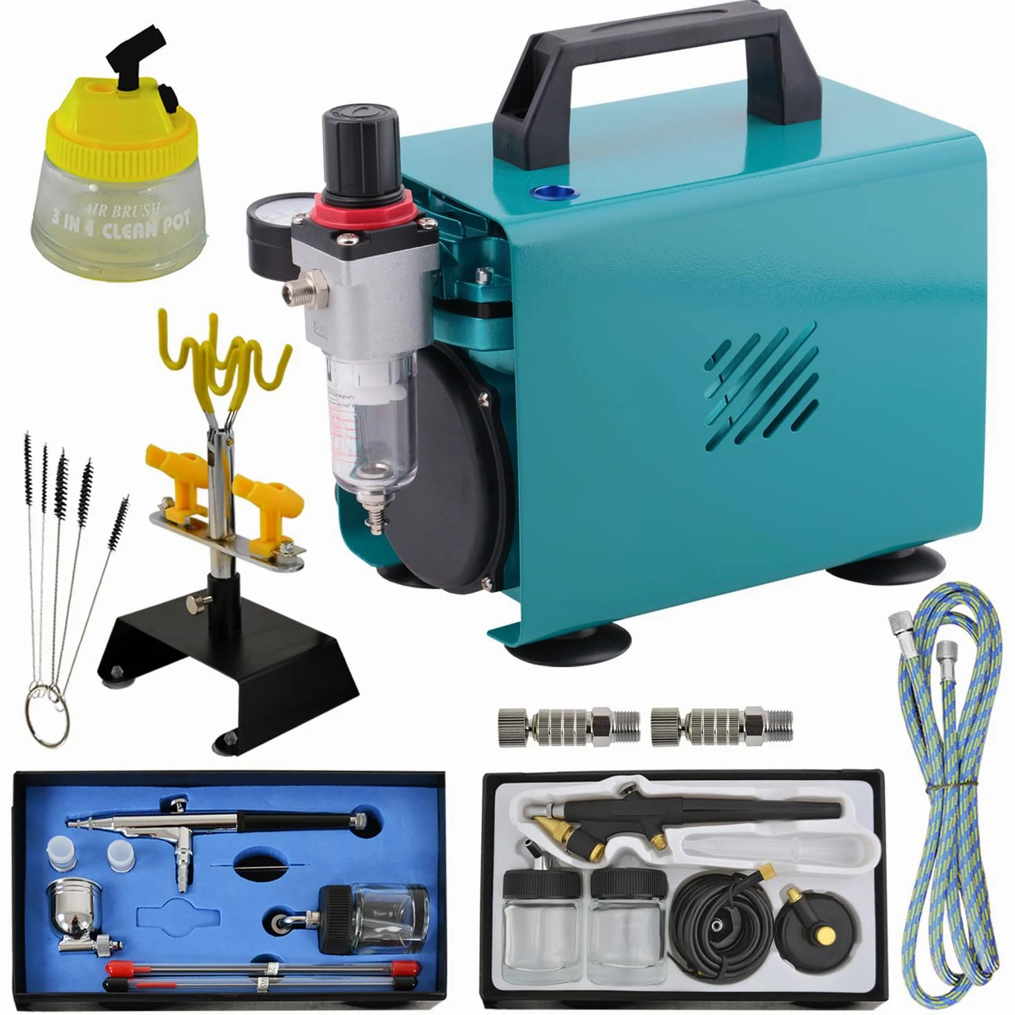 Limitowany super profesjonalny zestaw do aerografu Car Design I z bardzo cichym kompresorem Airbrush, 2 pistoletami, uchwytem manometrem, 3 w 1 Cleaning Pot, 5 szt. szczotek do czyszczenia i małych akcesoriów