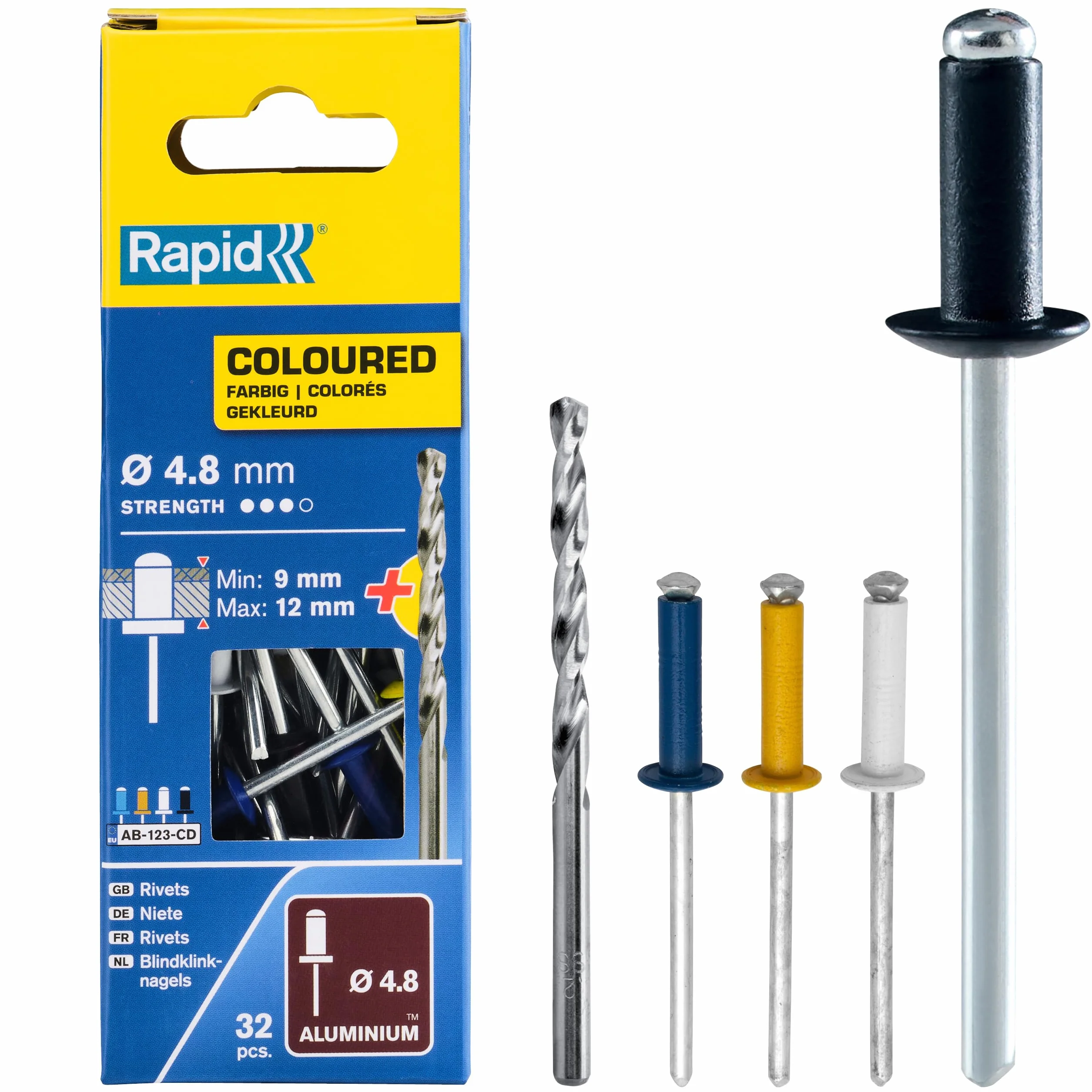Rapid Nity zrywalne kolorowe Ø 4,8 mm, zakres zacisku 9-12 mm, 32 szt. nity aluminiowe, zestaw z wiertłami, do szczypiec nitowniczych