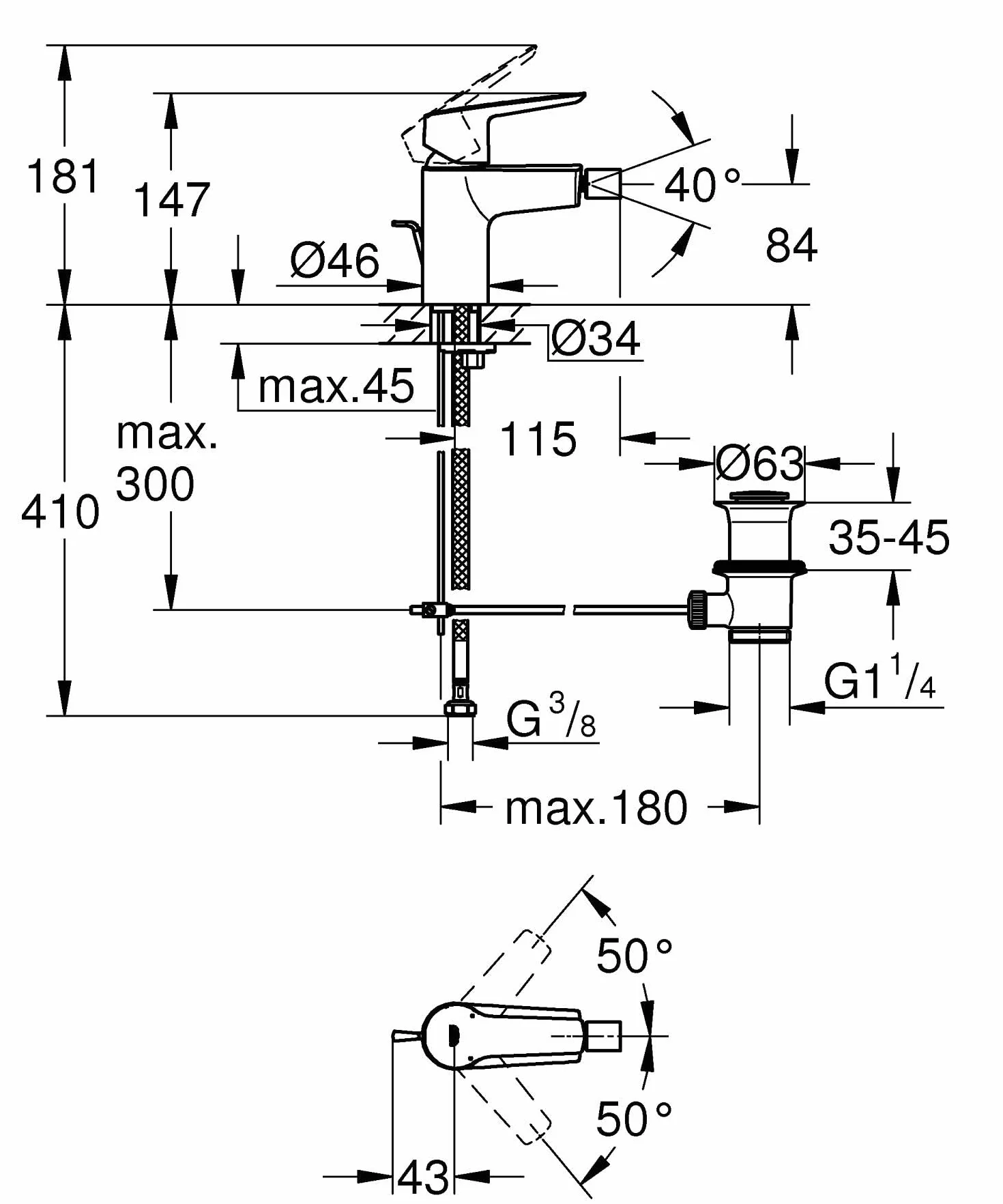 GROHE Start QuickFix 325602432 mikser do bidetów z wyskakującym zestawem odpadów (przegub kulowy, oszczędzający wodę napowietrzacz 5,7 l/min, wkład ceramiczny 28 mm, ogony 3/20.3 cm, łatwy montaż za