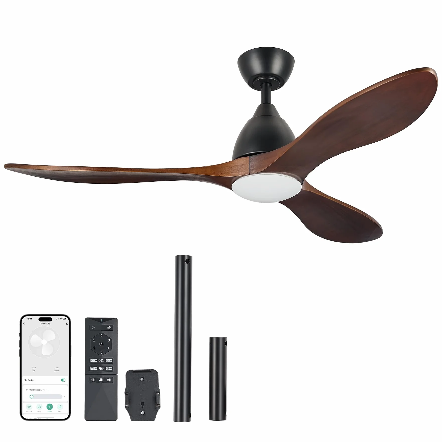 VONLUCE Wentylator sufitowy ze światłem Ø132 cm, 52 cm, 5 łopatek z pilotem zdalnego sterowania, cichy, odwracalny silnik DC 6 prędkości, do sypialni, patio, salonu, rolnika, czarny orzech