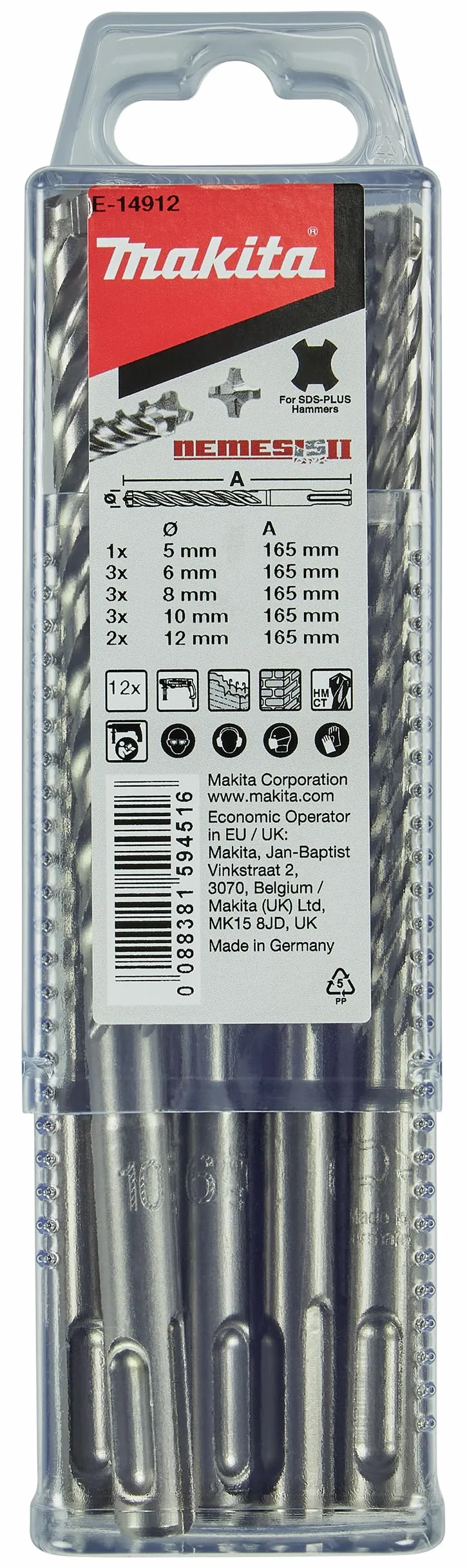 Makita E-14912 NEMESIS2 SDS-PLUS zestaw wierteł udarowych 12-częściowy, idealny do betonu, żelbetu, muru