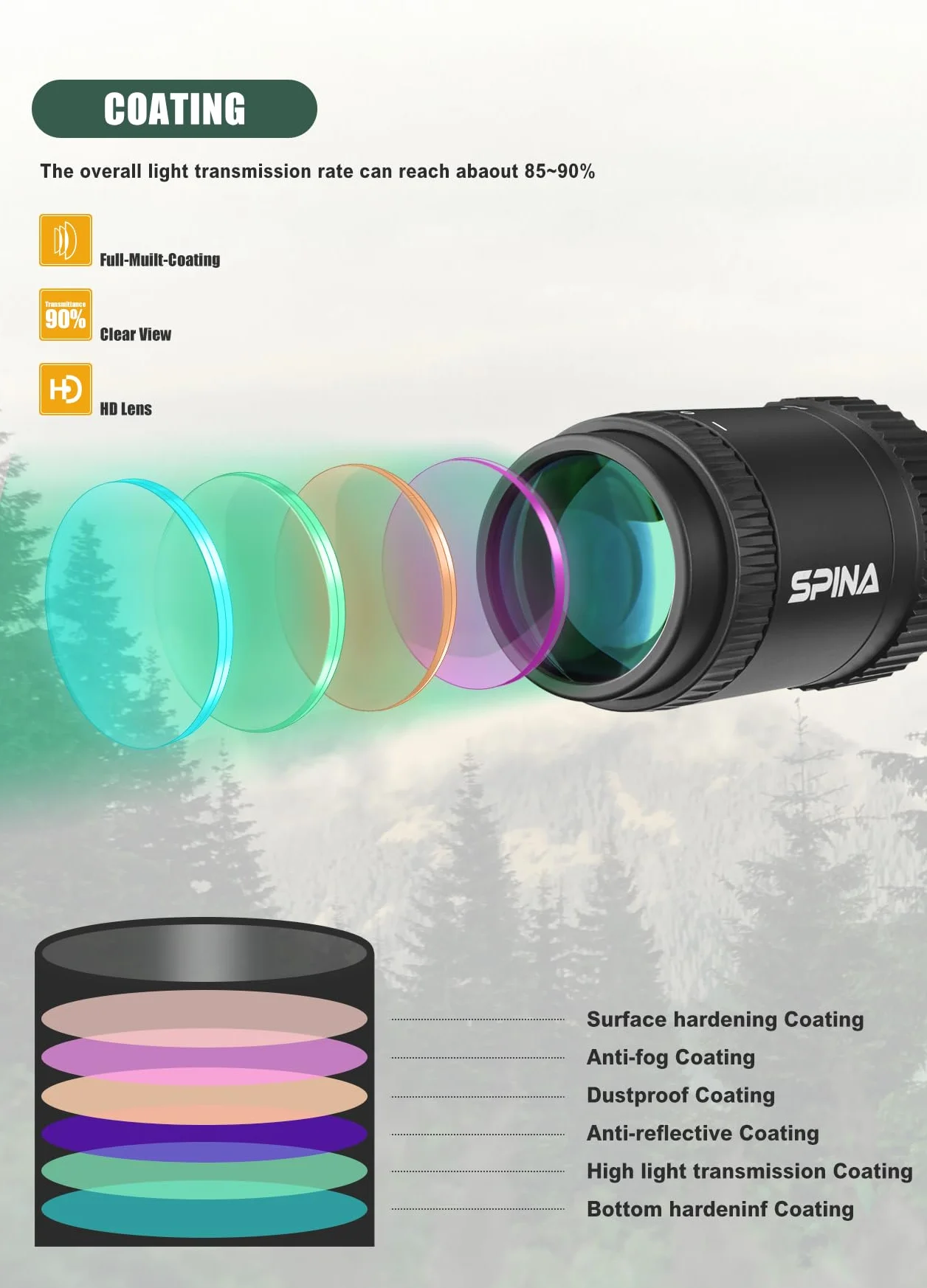 SPINA OPTICS 6-24x50 FFP II Celownik optyczny Pierwsza płaszczyzna ogniskowa Celownik z siatką MRAD Precision Tree i osłoną przeciwsłoneczną