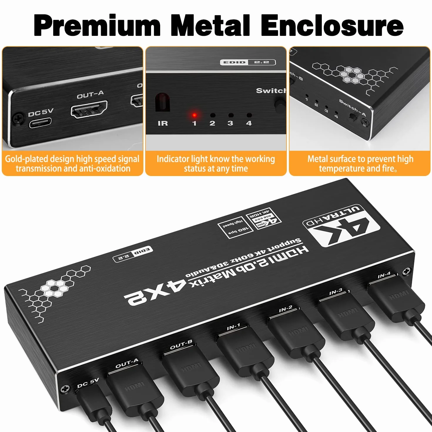 Tendak Matrix HDMI 4x2 - Przełącznik 4K 60Hz z Ekstrakcją Audio, Obsługa HDCP 2.2, EDID, HDR, 3D, Pilot