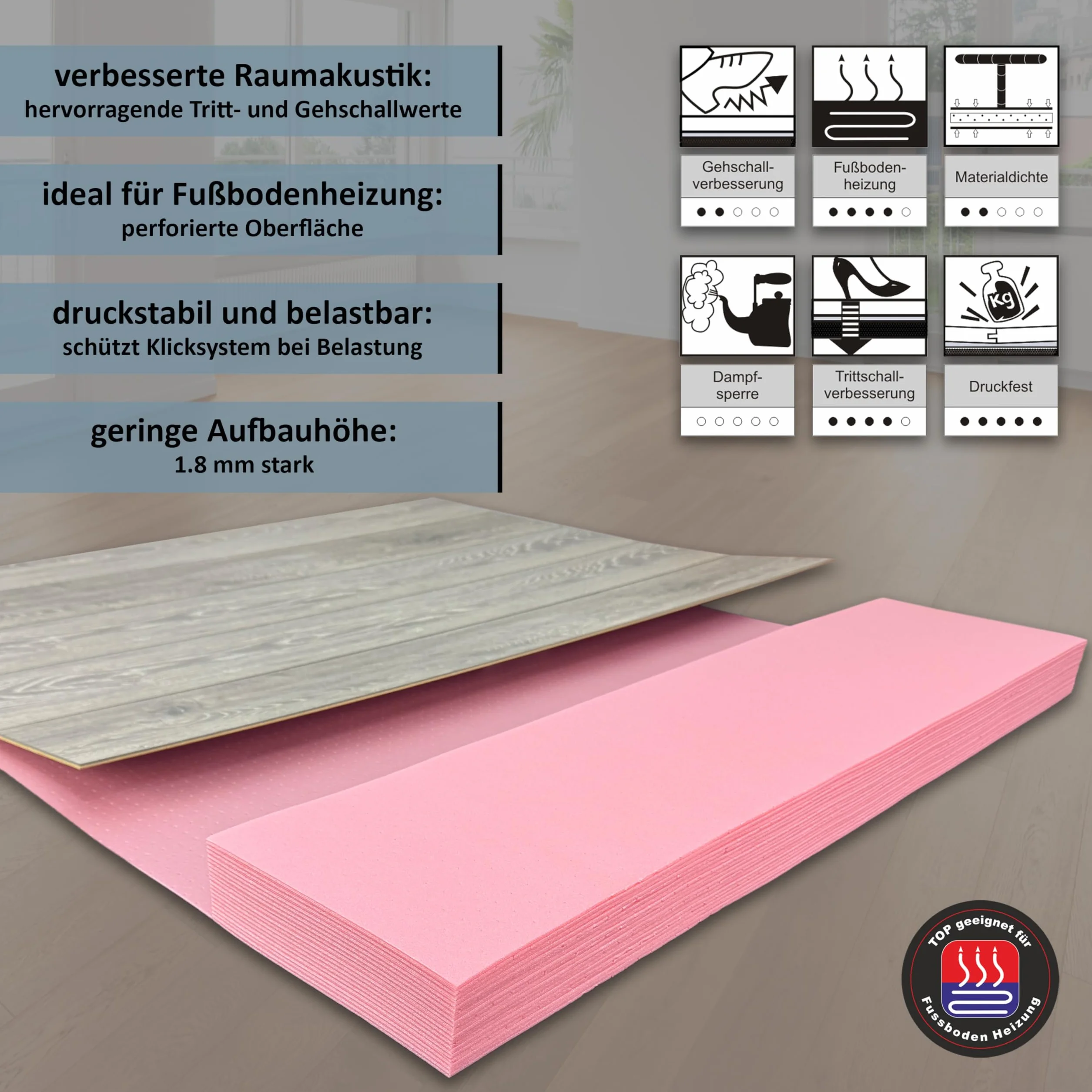 Laminat i parkiet podkład do montażu redukcji hałasu dla ogrzewania podłogowego uficell XPS-Quick PLUS, grubość: 1,8 mm (1 paczka | 12,6 m²)