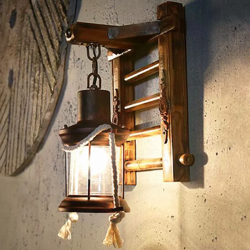 Retro Drewniana Lampa ścienna Kinkiet Schodowy Kreatywna Bambusowa Lampa Wisząca Vintage Konopna Lina Rustykalny Kinkiet Szklany klosz Kinkiety Do Sypialni Restauracja Hotel Korytarz Jadalnia