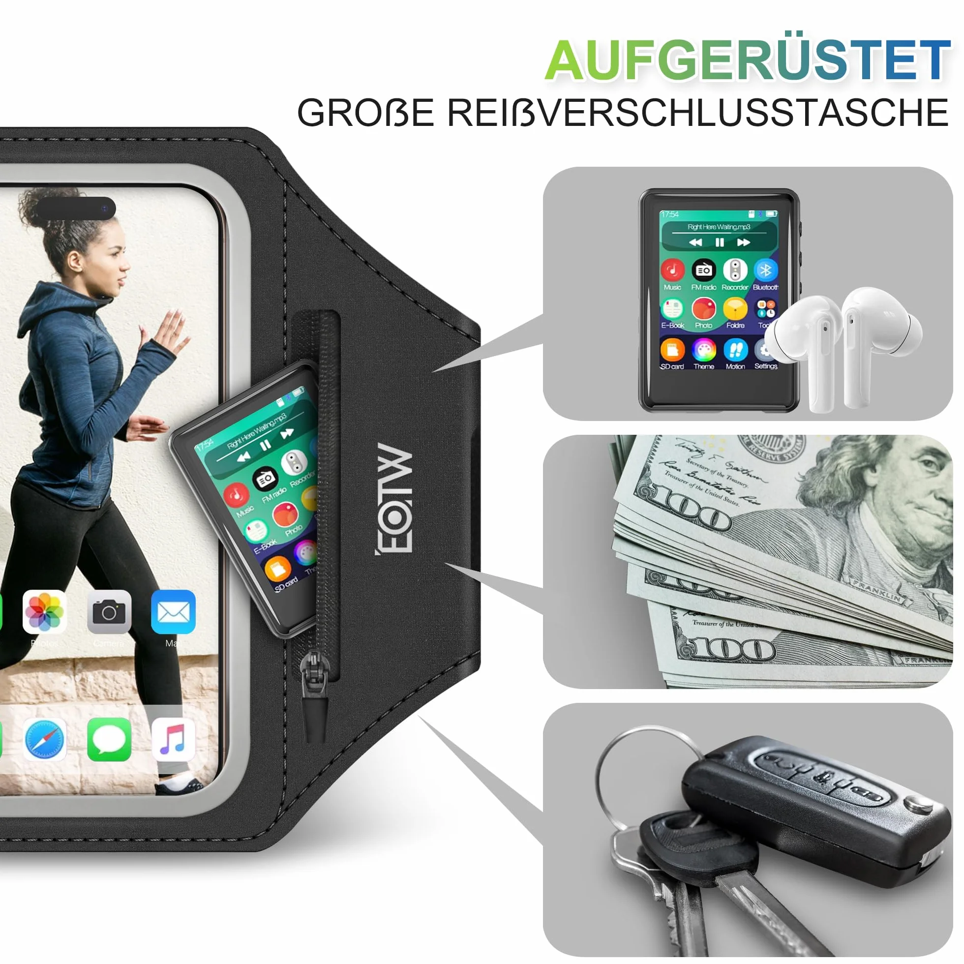 Bransoletka sportowa do joggingu z uchwytem na telefon etui Airpods MP3 iPhone 16/15/14/13 Pro Max Galaxy S24+/S23+/S22/S21 6,0-6,7 cala