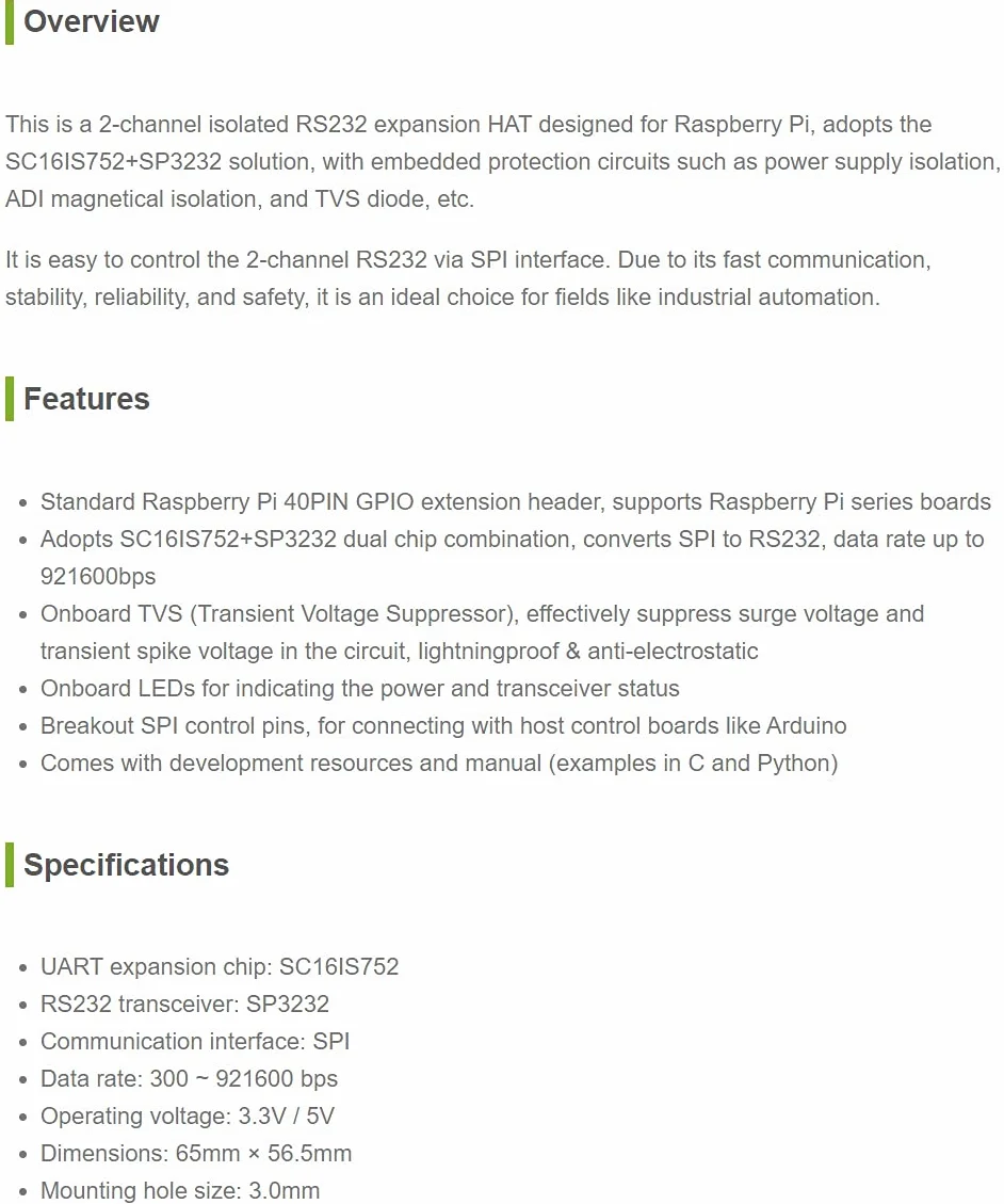 Waveshare 2-Channel Isolated RS232 Expansion HAT for Raspberry Pi SC16IS752+SP3232
