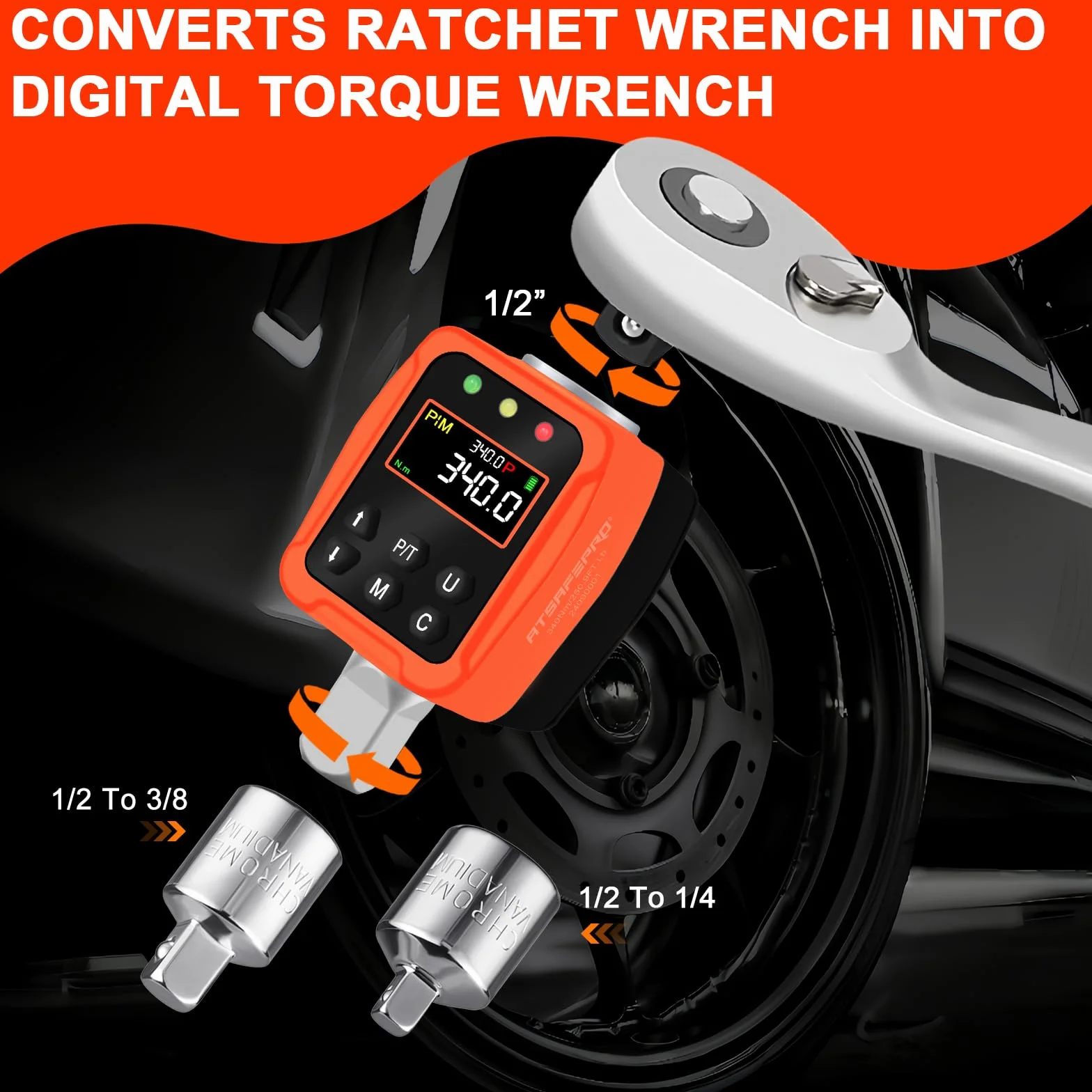 ATsafepro Cyfrowy Przenośnik Momentu 1/2" 17-340 Nm, Klucz Dynamometryczny z Kolorowym Wyświetlaczem LCD i Sygnalizatorem Dźwiękowym, Adaptery 1/4” i 3/8” do Samochodu i Motocykla, Dokładny Pomiar, Pr