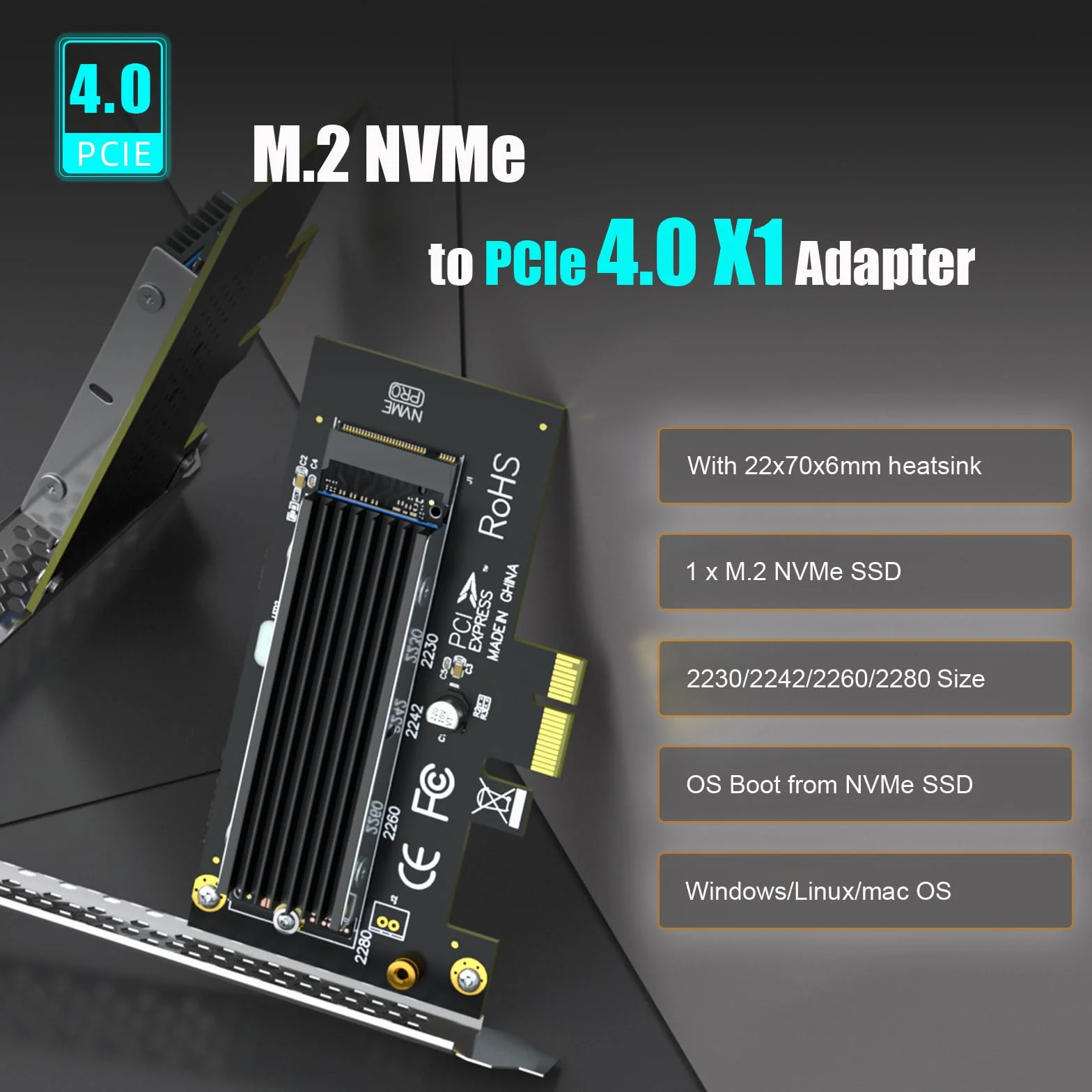 GLOTRENDS PA09-X1-HS Adapter M.2 NVMe na PCIe X1 z radiatorem dla 2230/2242/2260/2280 SSD
