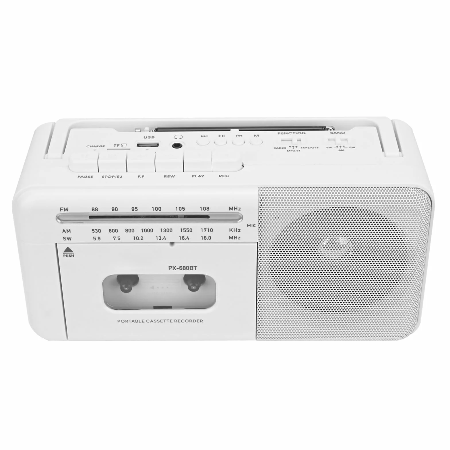 Lychee Przenośny magnetofon kasetowy vintage z radiem AM/FM/SW, wbudowany głośnik, gniazdo słuchawkowe AC/DC/3,5 mm, obsługa karty TF / wejście USB (biały)