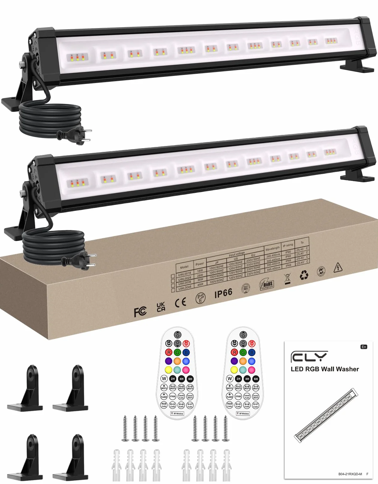CLV 42 W RGB LED Wallwasher reflektor RGB, 10 kolorów, wiele trybów świecenia, światło imprezowe, 2 sztuki LED bar efekty świetlne z pilotem zdalnego sterowania, wodoszczelność IP66, timer i funkcja