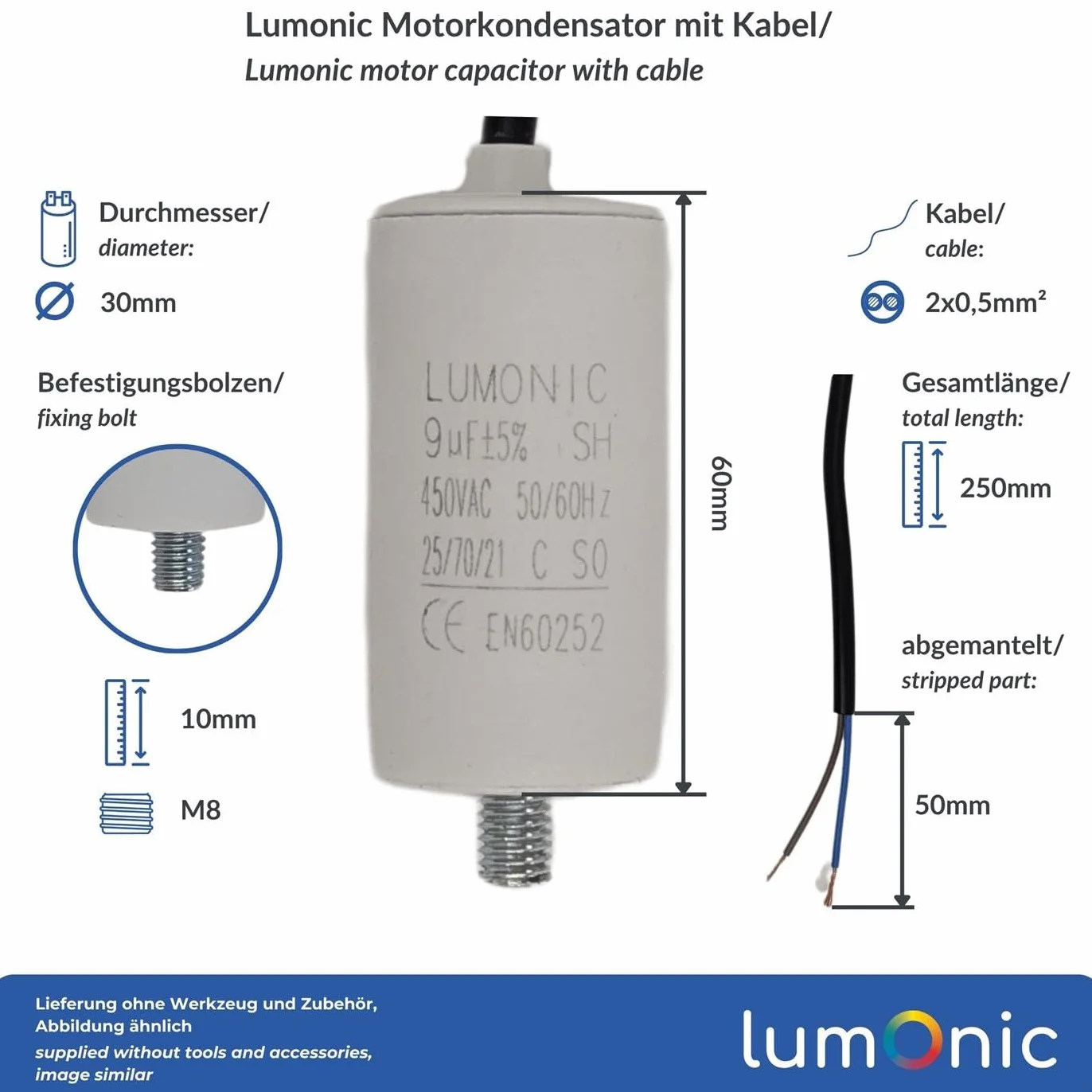 Lumonic Kondensator rozruchowy 9µF 450V | z Kabel I 30x60mm I 9uF I Kondensator silnikowy z plastikowa obudowa I Kondensator operacyjny I do pomp, kosiarek, narzedzi