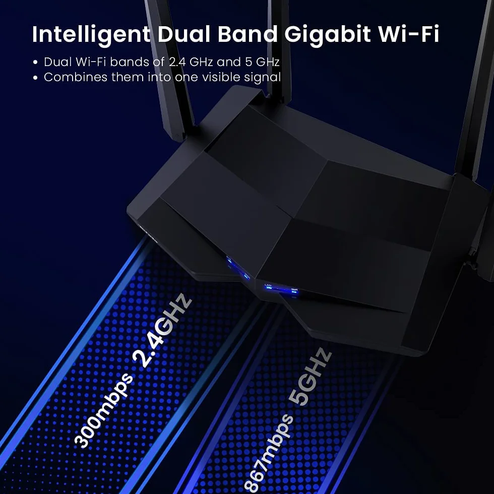 Tenda AC10-1200 MBit/s dwupasmowy router Wi-Fi (867 Mbit/s 5 GHz + 300 Mbit/s 2,4 GHz, 4 x porty Gigabit, Gigabit WAN, MU-MIMO, Beamforming+, IPTV, 4x anteny 5dbi)