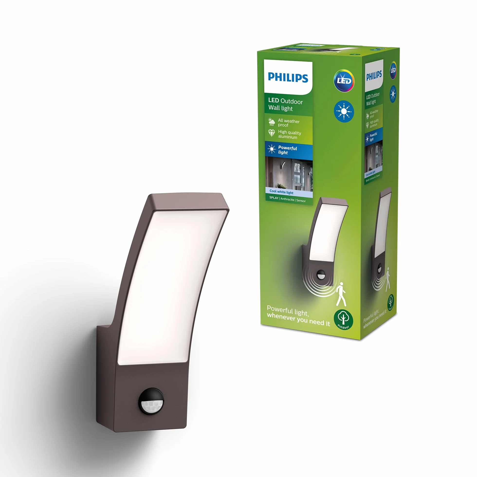Philips Splay Kinkiet Zewnętrzny LED, 12 W, 1600 lm, 4000 K Światło Zimnobiałe, IP44 Odporny na Warunki Pogodowe, Czujnik Ruchu na Podczerwień, Wbudowane LED, Trwały, Aluminium, Antracyt