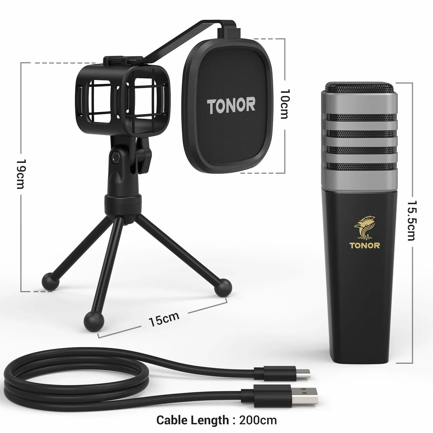 TONOR TC30 Pojemnościowy mikrofon USB z trójnożnym statywem do podcastów, YouTube, transmisji i rozmów Skype
