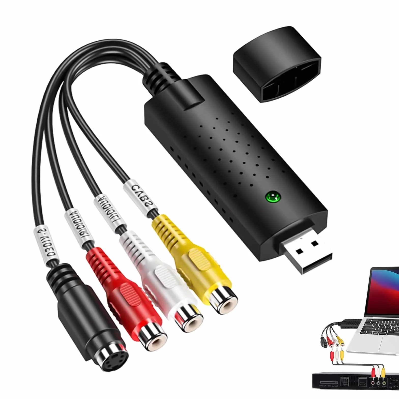 Konwerter VHS na cyfrowy, Grabber USB 2.0, Hi8 VHS na DVD Audio Video Capture Card z złączami RCA/S-Video, kompatybilny z Windows XP/7/8/10 i Mac do kasety wideo, PC, DVD