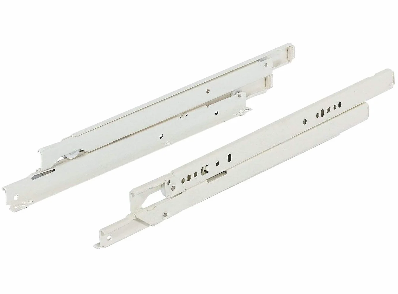 Gedotec szyna do szuflad, pełny wysuw, 800 mm, prowadnica rolkowa do montażu leżącego, szyny do dużych obciążeń o nośności 50 kg, kolor RAL 9001, biały, Made in AUSTRIA, 1 para wysuwów do drewnianych skrzyń przesuwnych