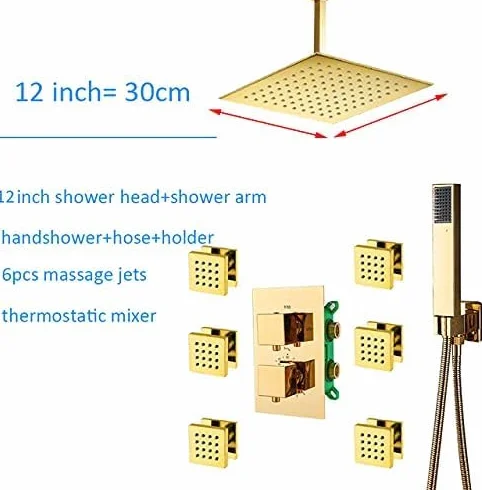 Zestaw baterii prysznicowych termostatycznych Gold, 3-drożny, wbudowany złoty kran termostatyczny z 6 dyszami masującymi, zestaw do wanny i prysznica, 12 Inch Full Set