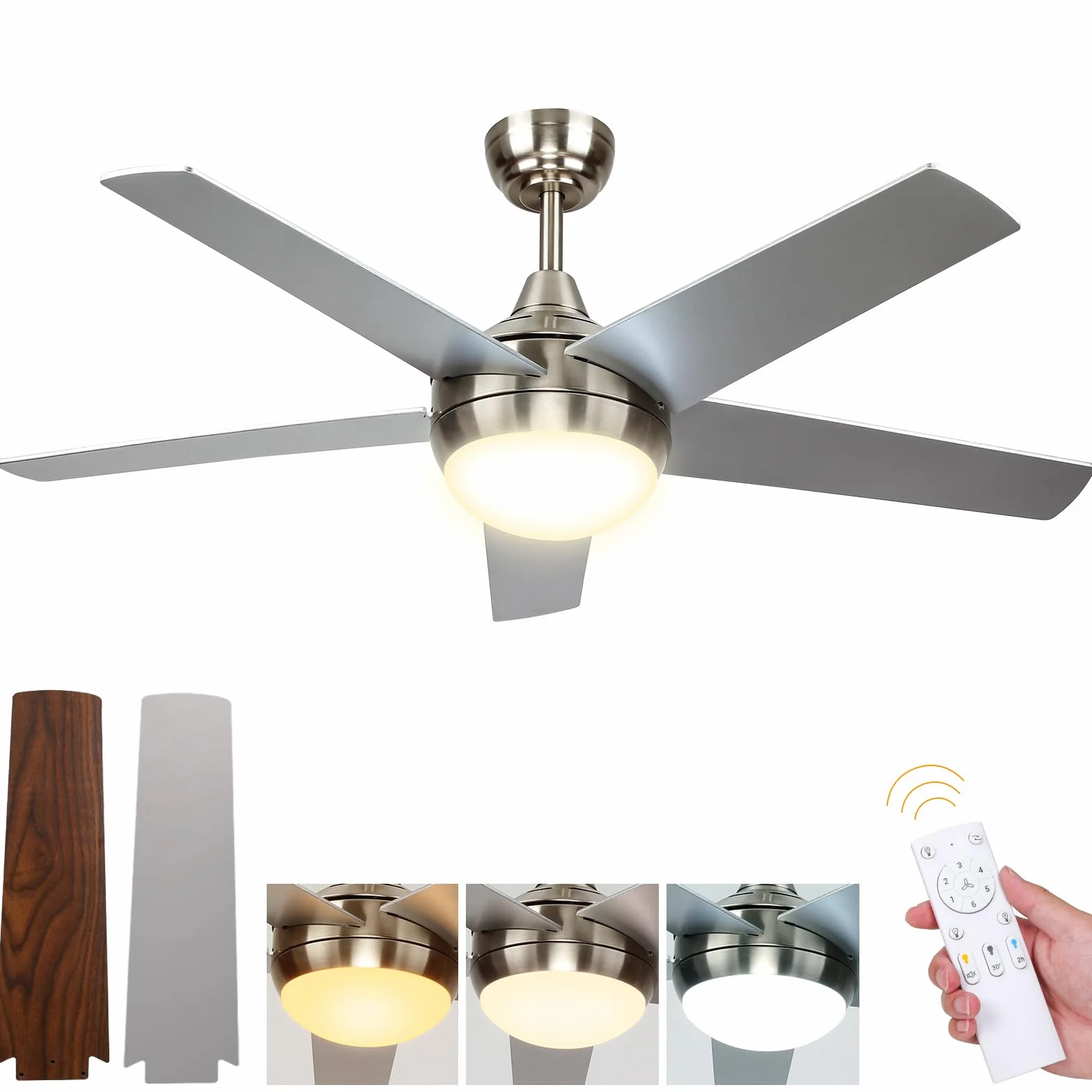 Wentylator sufitowy z pilotem zdalnego sterowania, wentylator sufitowy 30W DC z oświetleniem LED, 3000K-6500K, 52'' 5 łopatek 6 prędkości wentylatora do salonu sypialnia klasa jadalnia kuchnia biura