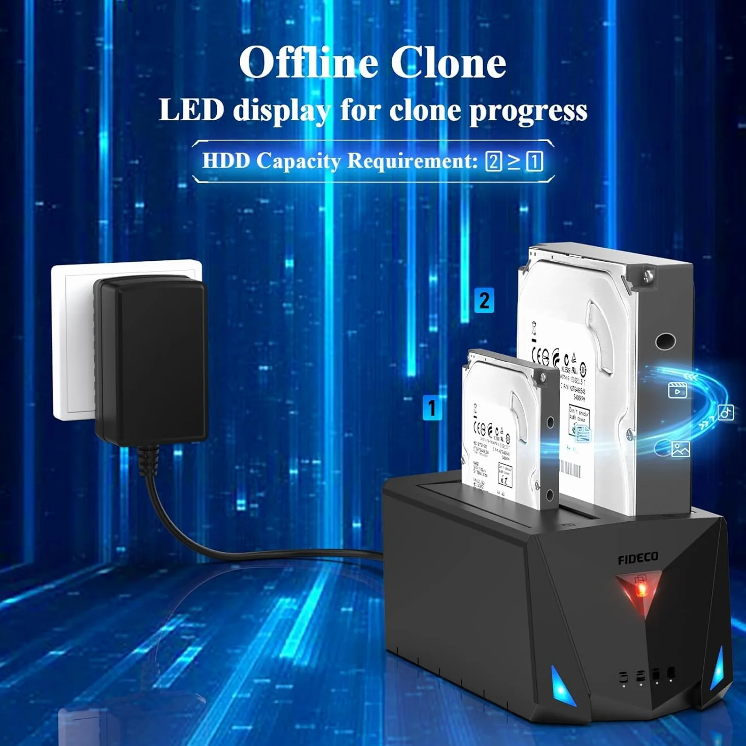 FIDECO Stacje Dokujące do Dysków Twardych, USB 3.2 Gen 1 Zewnętrzny Dysk Twardy Stacja Dokująca dla 2.5''/3.5'' SATA HDD oraz SSD, Stacja Dokująca z Portem Type C, Obsługa Klonowania Offline