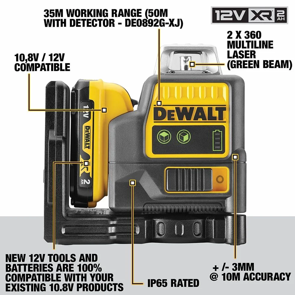 Dewalt 10,8 V, 2 x 360°, zielony DCE0811D1G (samopoziomujący, poziomy i pionowy, w zestawie akumulator XR 10,8 V/2 Ah, ładowarka, uchwyt ścienny, tablica celownicza, okulary laserowe, walizka) 1