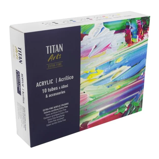 Titan Arts Extra Fine farby akrylowe w drewnianej skrzynce I tubka 10 x 60 ml, z akcesoriami