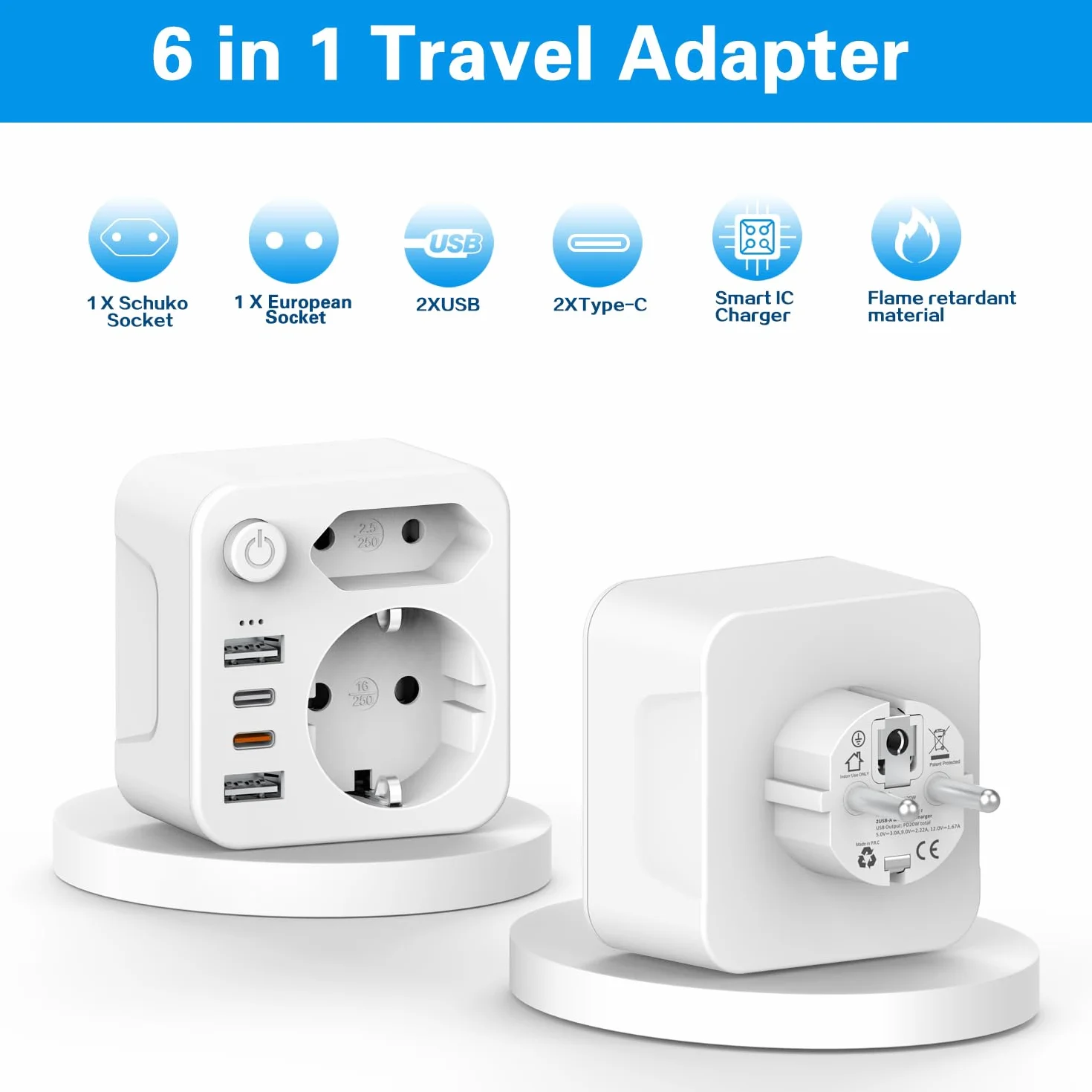 Wielokrotna wtyczka do gniazdka, z USB, podwójna wtyczka do gniazdka, adapter z 2 USB A i 2 USB C (5 V/PD20 W), przełącznik oszczędzania energii