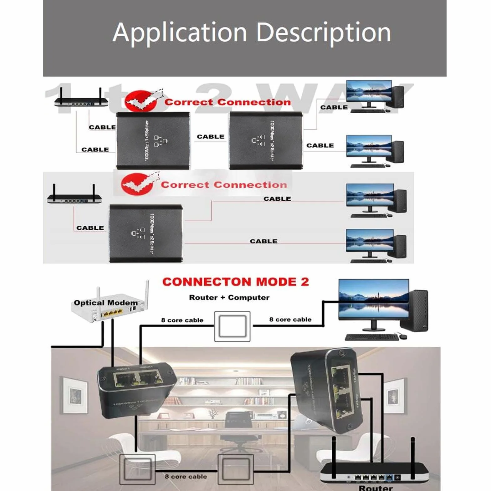 Gigabitowy Adapter Sieciowy RJ45, Rozdzielacz Kabla Ethernet 1 do 2, Cat5, Cat5e, Cat6, Cat7, Złącze Rozszerzenia Sieciowego RJ45, Dwa Urządzenia udostępniają Rozdzielacz