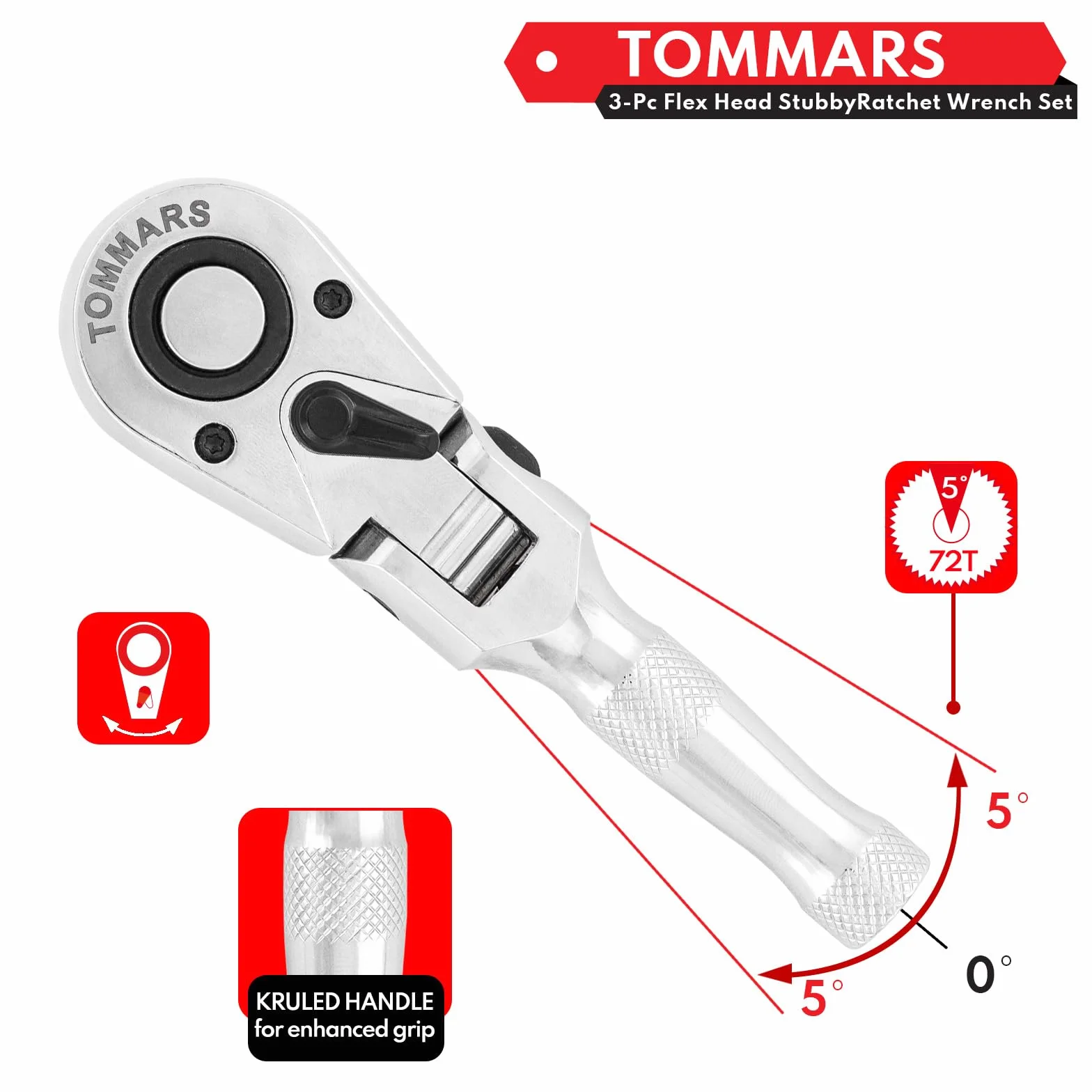 TOMMARS Flex-Head Stubby Zestaw grzechotkowy, 1/10.2 cm, 3/20.3 cm, 1/5.1 cm, elastyczny mini klucz z grzechotką, 72-zębowy szybkozłączny, odwracalny